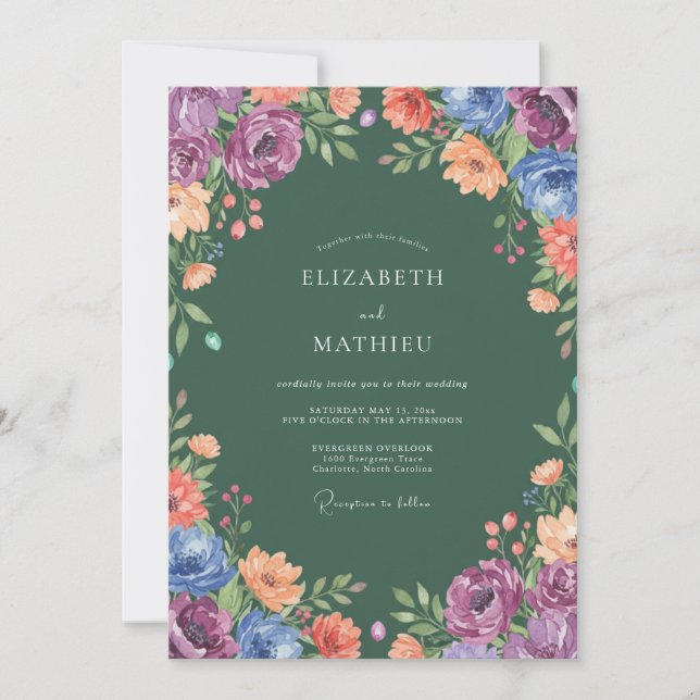 Convite Casamento Floral Multicolorido Deep Sage (Frente)