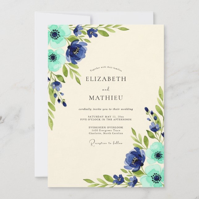 Convite Casamento Floral Natureza Azul-Navy (Frente)