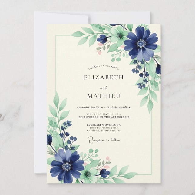 Convite Casamento Floral Natureza Marinha (Frente)