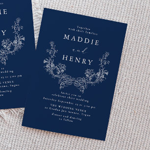 Convite Casamento Floral Naval Arte Minimalista Azul Elega