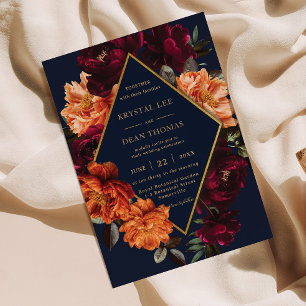 Convite Casamento Floral Naval Laranja Queimada Borgonha T
