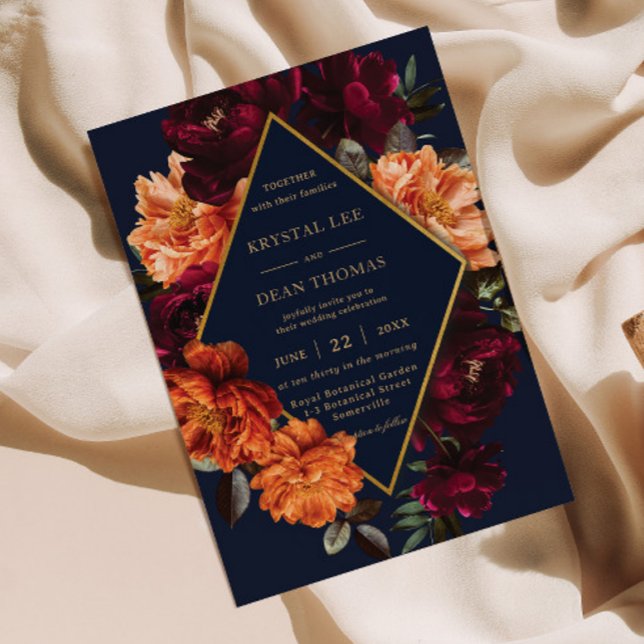 Convite Casamento Floral Naval Laranja Queimada Borgonha T (Criador carregado)