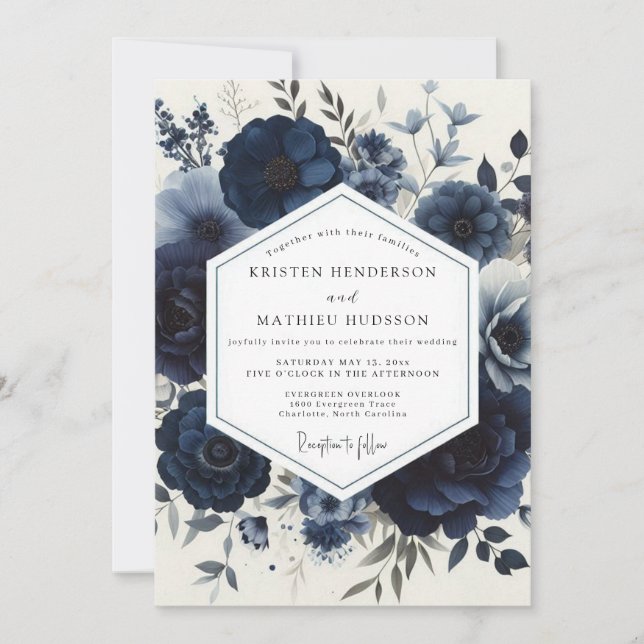 Convite Casamento Floral Navy Moody (Frente)