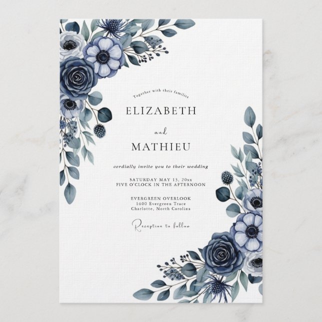 Convite Casamento Floral Navy Moody (Frente)