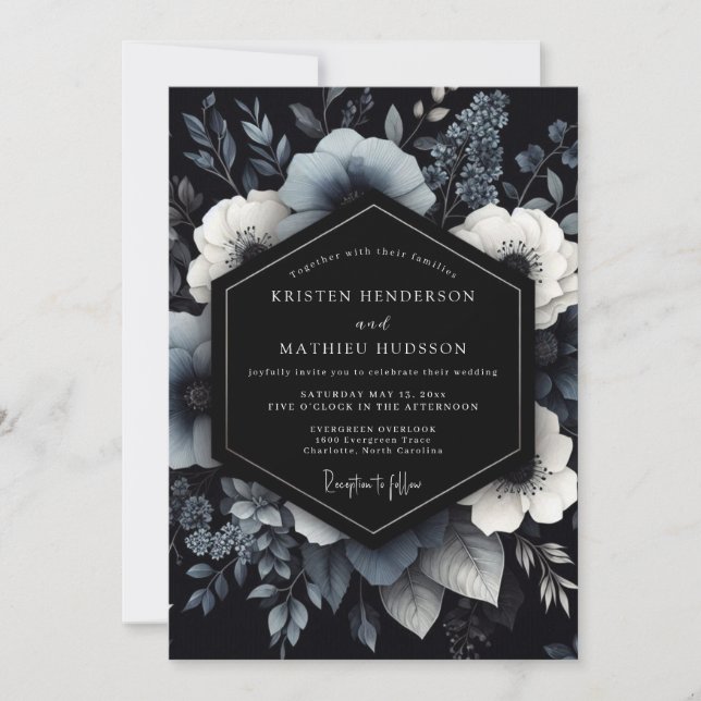 Convite Casamento Floral Navy Moody Bloom (Frente)