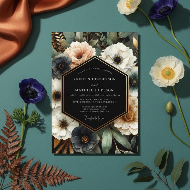 Convite Casamento Floral Navy Moody Bloom (Criador carregado)