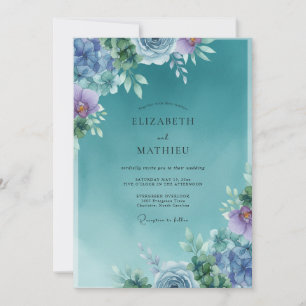 Convite Casamento Floral Nebuloso em Verde-água