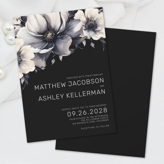 Convite Casamento Floral Negro Branco Elegante (Simple Modern Boho Floral Black White Wedding Invitation)