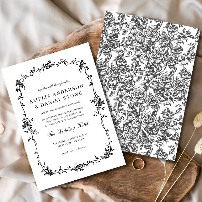 Convite Casamento Floral Negro-Branco vitoriano (Criador carregado)