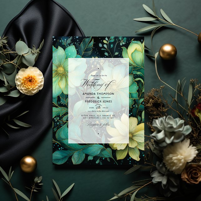 Convite Casamento Floral Negro, Dourado e Esmeralda (Criador carregado)