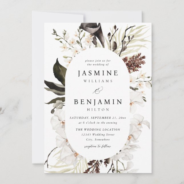 Convite Casamento Floral Negro e Branco (Frente)