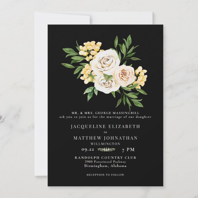 Convite Casamento Floral Negro e Creme (Frente)