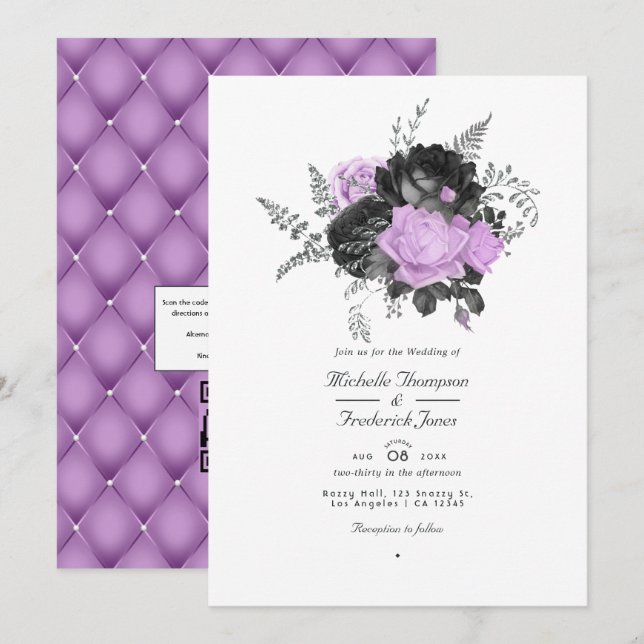 Convite Casamento Floral Negro e Lilac Vintage (Frente/Verso)