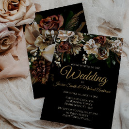 Convite Casamento Floral Negro e Magnolia Dourada