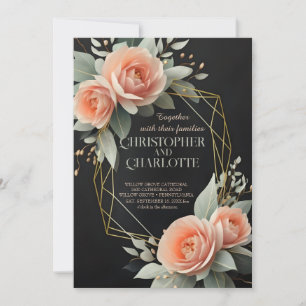 Convite Casamento Floral Negro e Vermelho Dourado Elegante