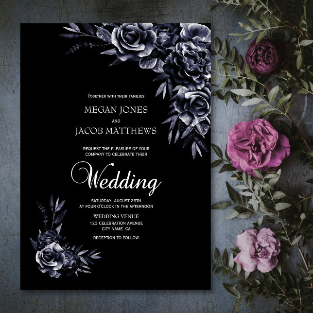 Convite Casamento Floral Negro Elegante (Criador carregado)