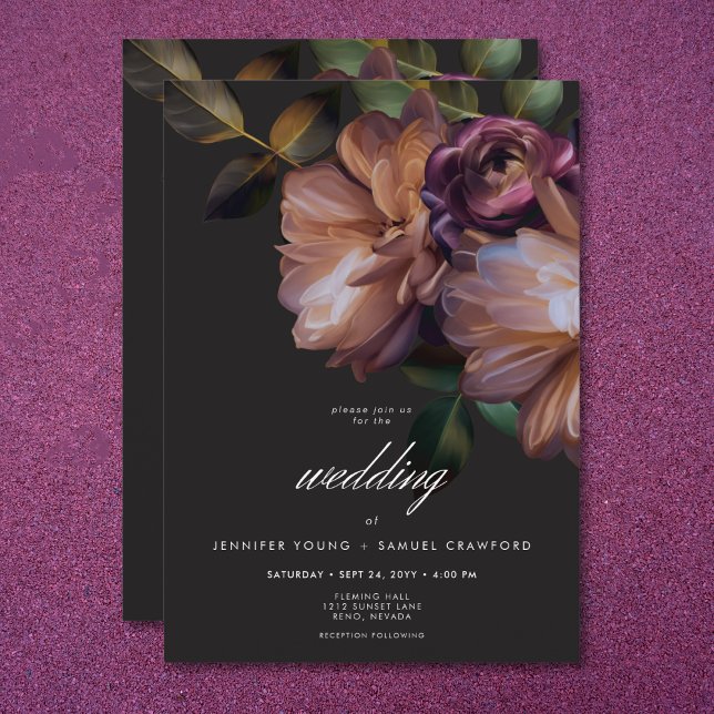 Convite Casamento Floral Negro Elegante (Elegant Black Moody Floral Wedding Invitation)