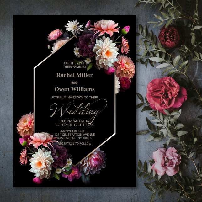 Convite Casamento Floral Negro Geométrico (Criador carregado)