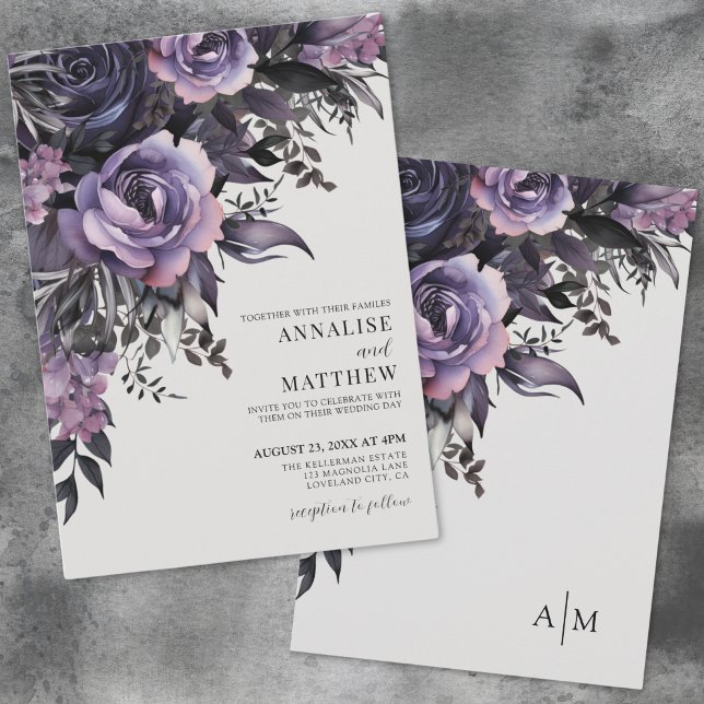 Convite Casamento Floral Negro Púrpura Elegante (Elegant Purple Black Floral Wedding Invitation)