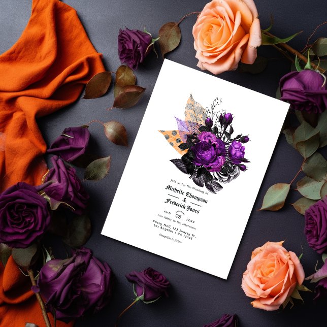 Convite Casamento Floral Negro, Roxo e Laranja (Criador carregado)