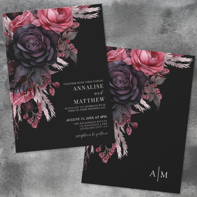 Convite Casamento Floral Negro Vermelho Elegante (Elegant Red Black Floral Wedding Invitation)