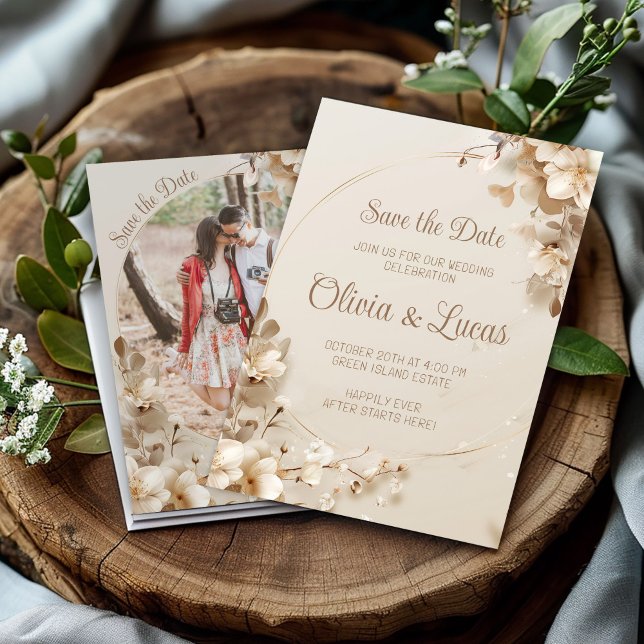 Convite Casamento Floral Neutral Elegante, Salve a Data (Criador carregado)