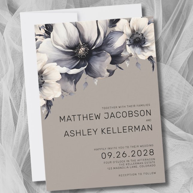 Convite Casamento Floral Neutro Branco Branco Negro Beige  (Chic Neutral Boho Black White Beige Floral Wedding Invitation)
