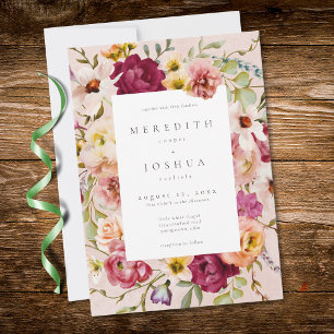 Convite Casamento Floral no Jardim com Romântico Burgundy