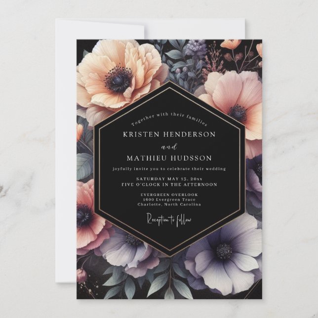 Convite Casamento Floral Noir Pêssego (Frente)