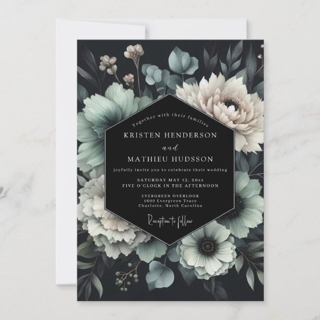 Convite Casamento Floral Noir Slate Teal (Frente)