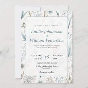 Convite Casamento Floral Nórdico Turquesa Elegante Minimal