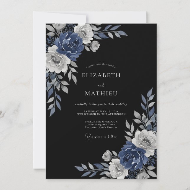 Convite Casamento Floral Noturno Azul Naval (Frente)