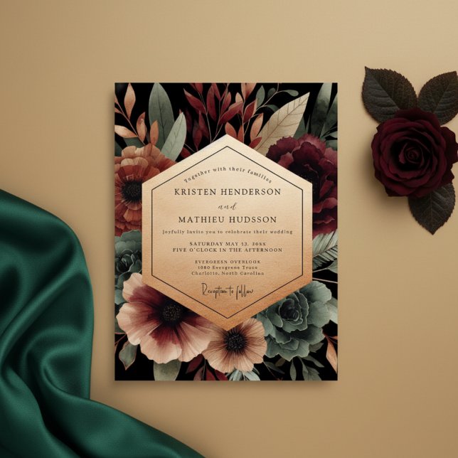 Convite Casamento Floral Noturno Borgonha (Criador carregado)