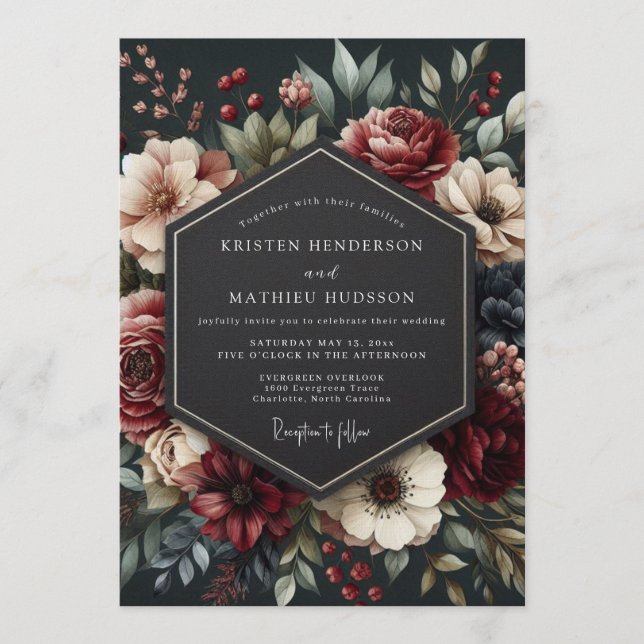 Convite Casamento Floral Noturno Borgonha (Frente)