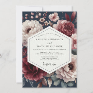 Convite Casamento Floral Noturno Borgonha Mal-humorado