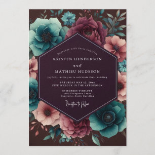 Convite Casamento Floral Noturno de Ameixa e Azul Turquesa