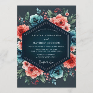 Convite Casamento Floral Noturno em Verde Água e Coral