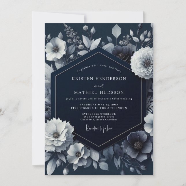 Convite Casamento Floral Noturno Marinho (Frente)