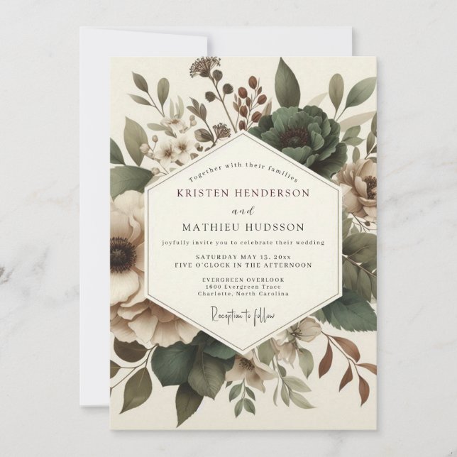 Convite Casamento Floral Oliva Antigo (Frente)