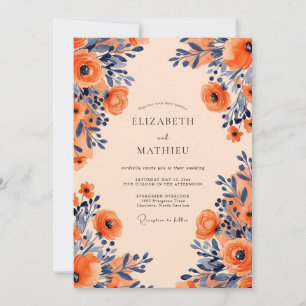 Convite Casamento Floral Opulento Apricot Navy