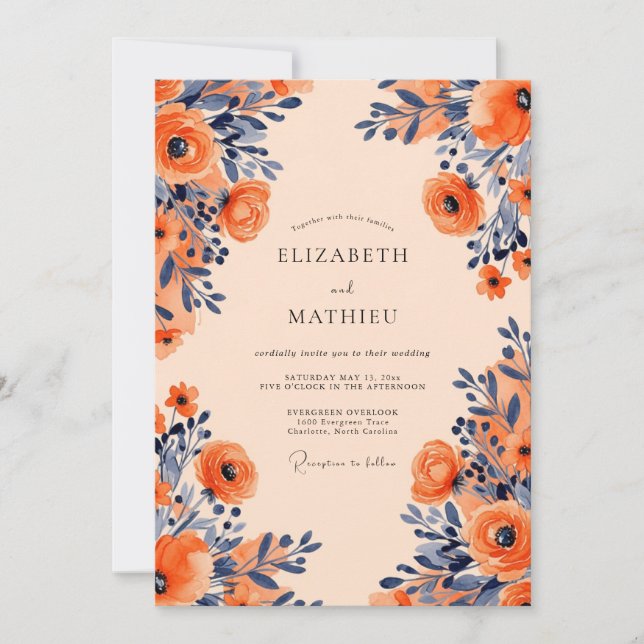 Convite Casamento Floral Opulento Apricot Navy (Frente)