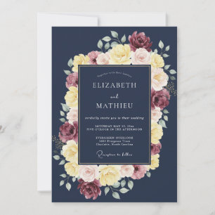 Convite Casamento Floral Opulento Azul Naval