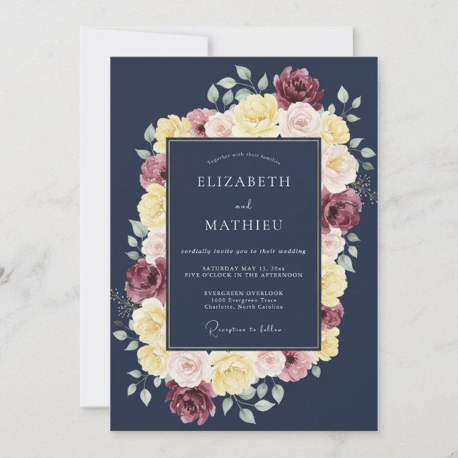 Convite Casamento Floral Opulento Azul Naval (Frente)