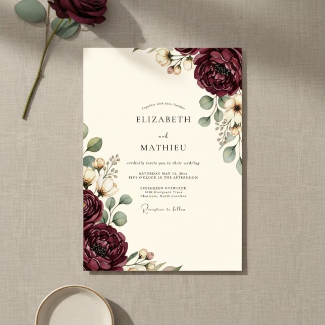 Convite Casamento Floral Opulento Borgonha (Criador carregado)