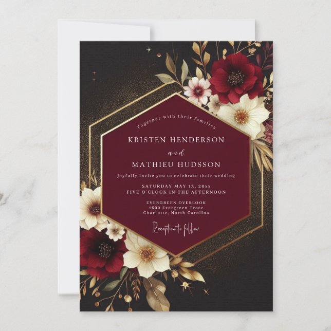 Convite Casamento Floral Opulento Borgonha (Frente)