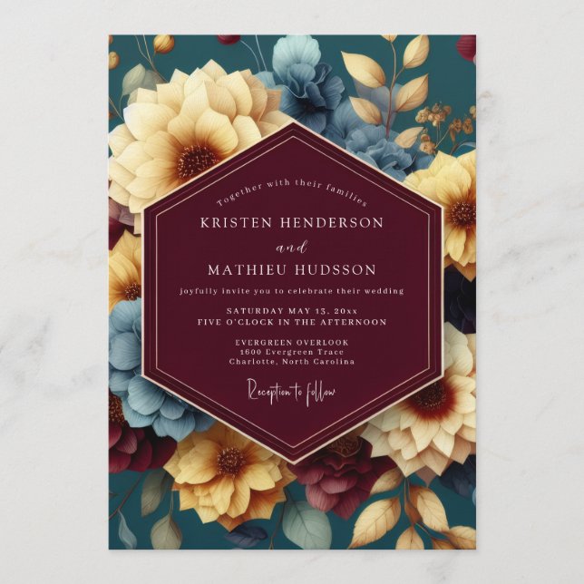 Convite Casamento Floral Opulento em Marrom e Dourado (Frente)