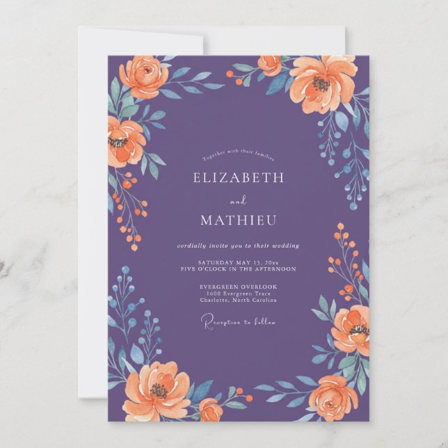 Convite Casamento Floral Opulento Roxo (Frente)