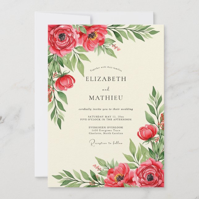Convite Casamento Floral Opulento Vermelho (Frente)