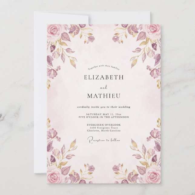 Convite Casamento Floral Ornamentado Malva (Frente)