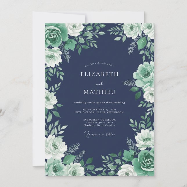 Convite Casamento Floral Ornate Azul Marinho (Frente)